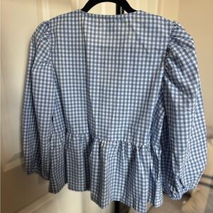 Blue Gingham Peplum Blouse with Back Bow Detail – Size Medium